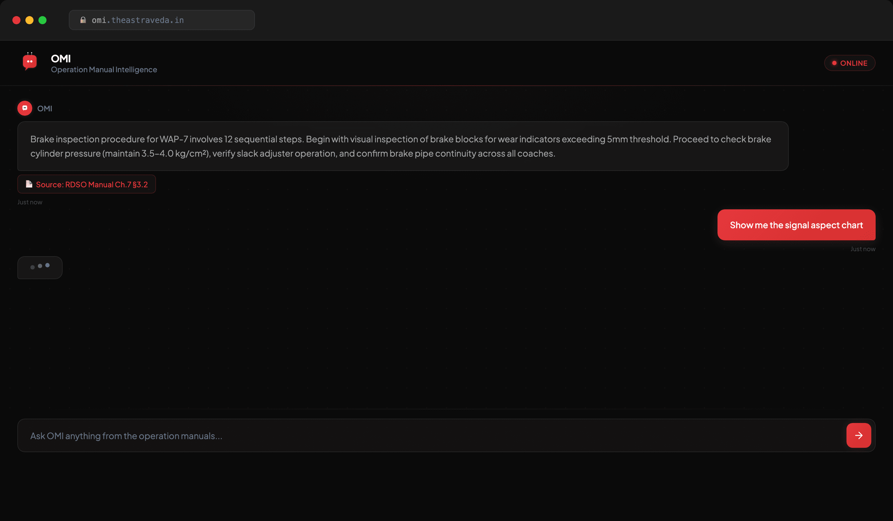 OMI AI chatbot interface showing brake inspection procedure response with source citation